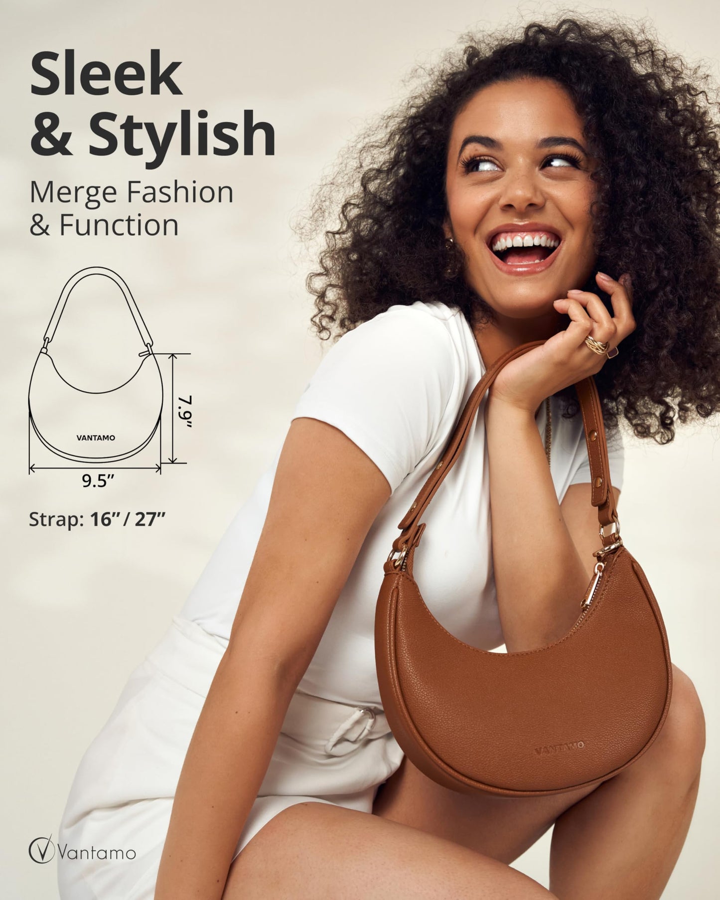 Vantamo Crescent Bags For Women with RFID Protection, Half Moon Clutch Purses for Women with Anti-Theft Clip for Extra Safety, Premium Smooth PU Leather Handbags for Work & Going Out, Sienna Tan Purse