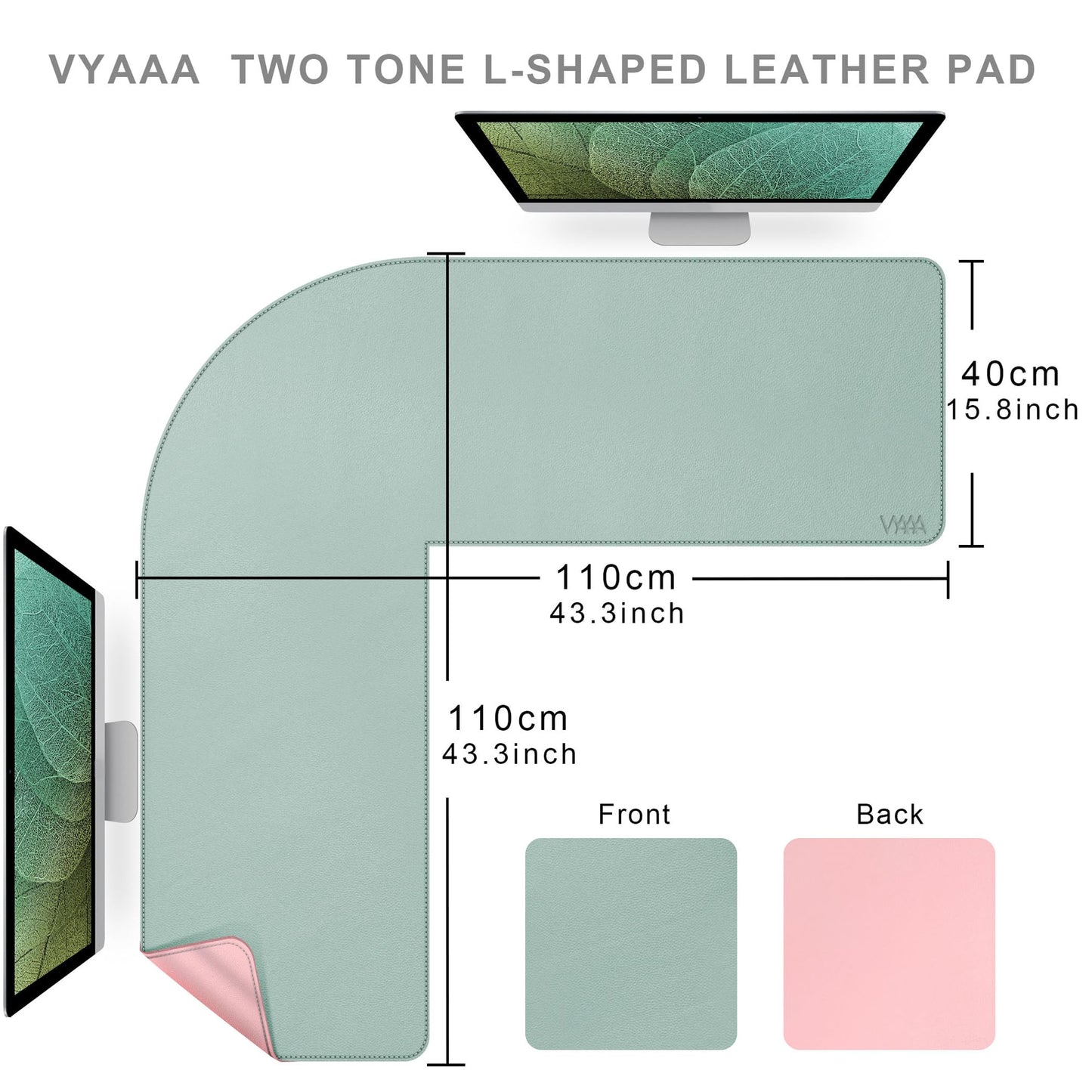 Vyaaa L-Shaped Leather Desk Pad, Two Tone Gaming Mouse Pad for Corner Desk Mat, Office and Home, 43 x 43 x 15.7 Inch, Pink and Green
