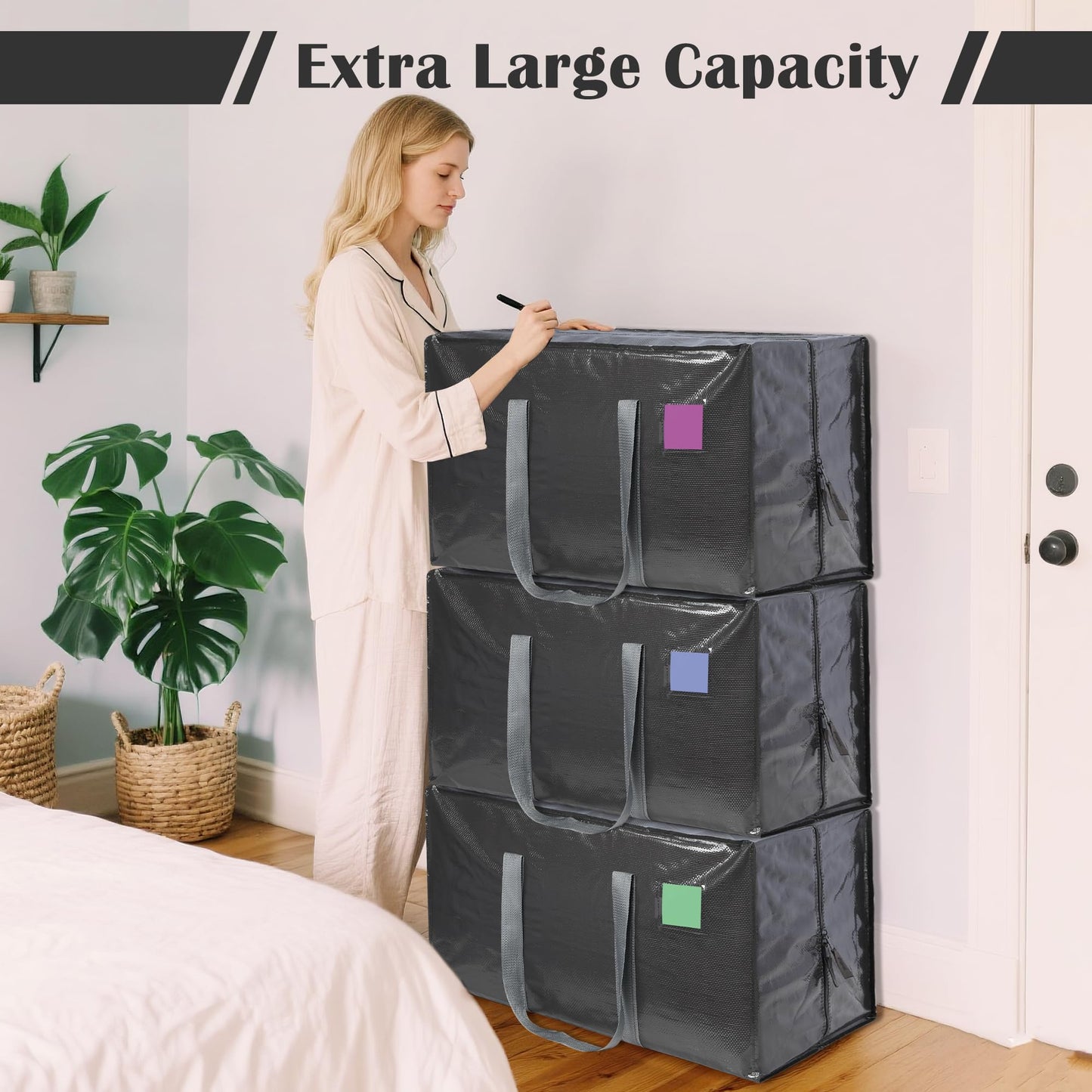 RMOHRO 6 Pack Moving Bags with Full-Open Side Zipper, Extra Large 93L Heavy Duty Waterproof Foldable Storage Totes for College Dorm, Moving & Home Organization Gray
