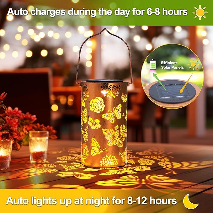 2 Pack Solar Lanterns Outdoor Waterproof Butterfly Birthday Gifts for Women Mom Grandma Garden Decor Flower Metal Hanging LED Decorative Light for Patio Yard Lawn Backyard Front Porch Gardening Gifts