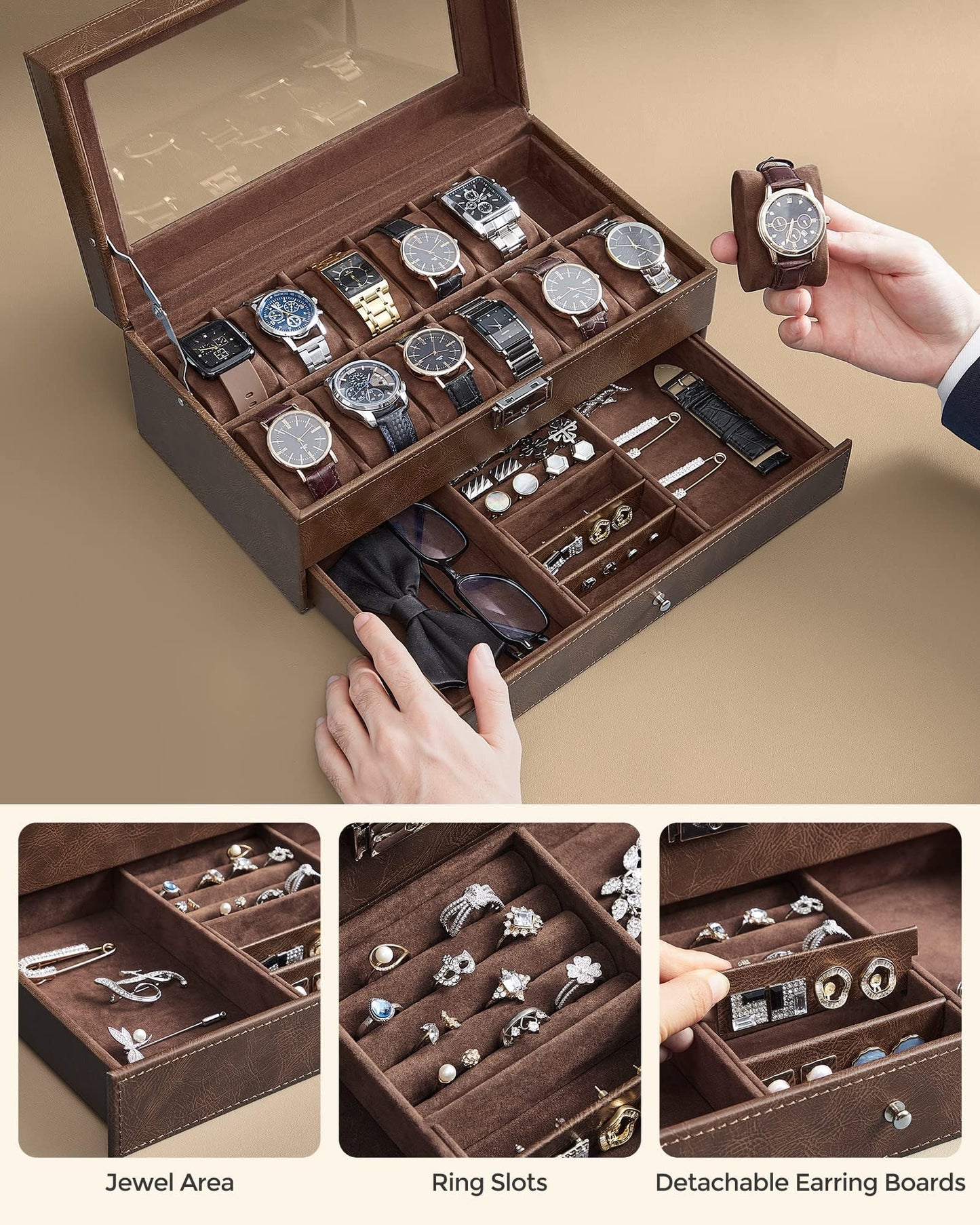 SONGMICS Watch Box, 12-Slot Watch Case Organizer with Large Glass Lid, 2 Layers, Removable Pillows, Metal Lock, Gift for Loved Ones, Brown Synthetic Leather, Brown Lining UJWB012K01