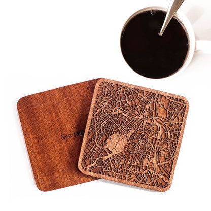 New Delhi Map Coaster by O3 Design Studio, Set Of 4, Sapele Wooden Coaster With City Map, Handmade