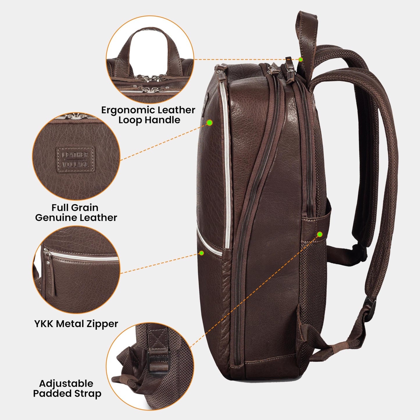 LEATHER VILLAGE Leather Laptop Backpack for Men | Chocolate Brown | Slim Professional Business Bag Fits 15.6”-Laptop | Water-Repellent Work & Travel Daypack with Trolley Strap