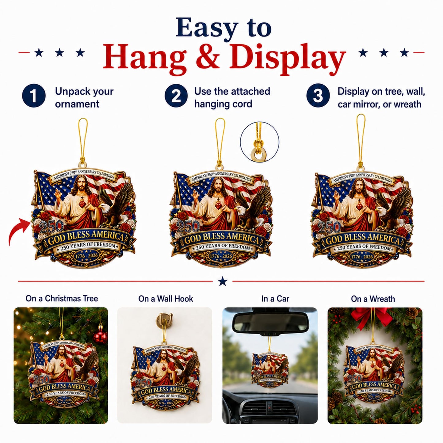 God Bless America Anniversary USA 250 Ornament, 2D Acrylic USA 250 Merchandise, Fourth of July Decorations, Patriotic Decor, USA 250th Anniversary 4th of July Gifts, USA 250th Birthday Gifts
