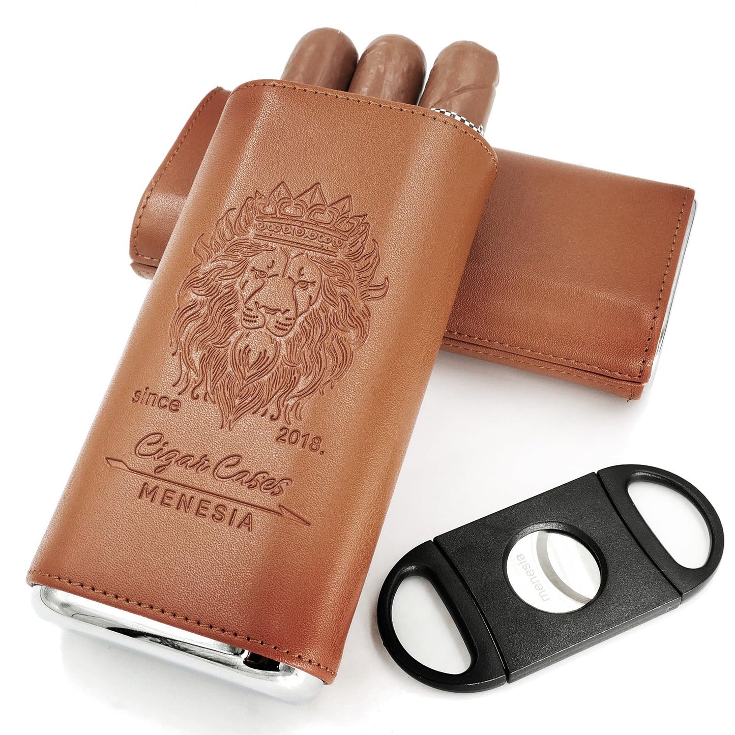 menesia Brown Cigar Case with Cutter - Portable Leather Travel Cigar Holder and Pouch Kit for Men