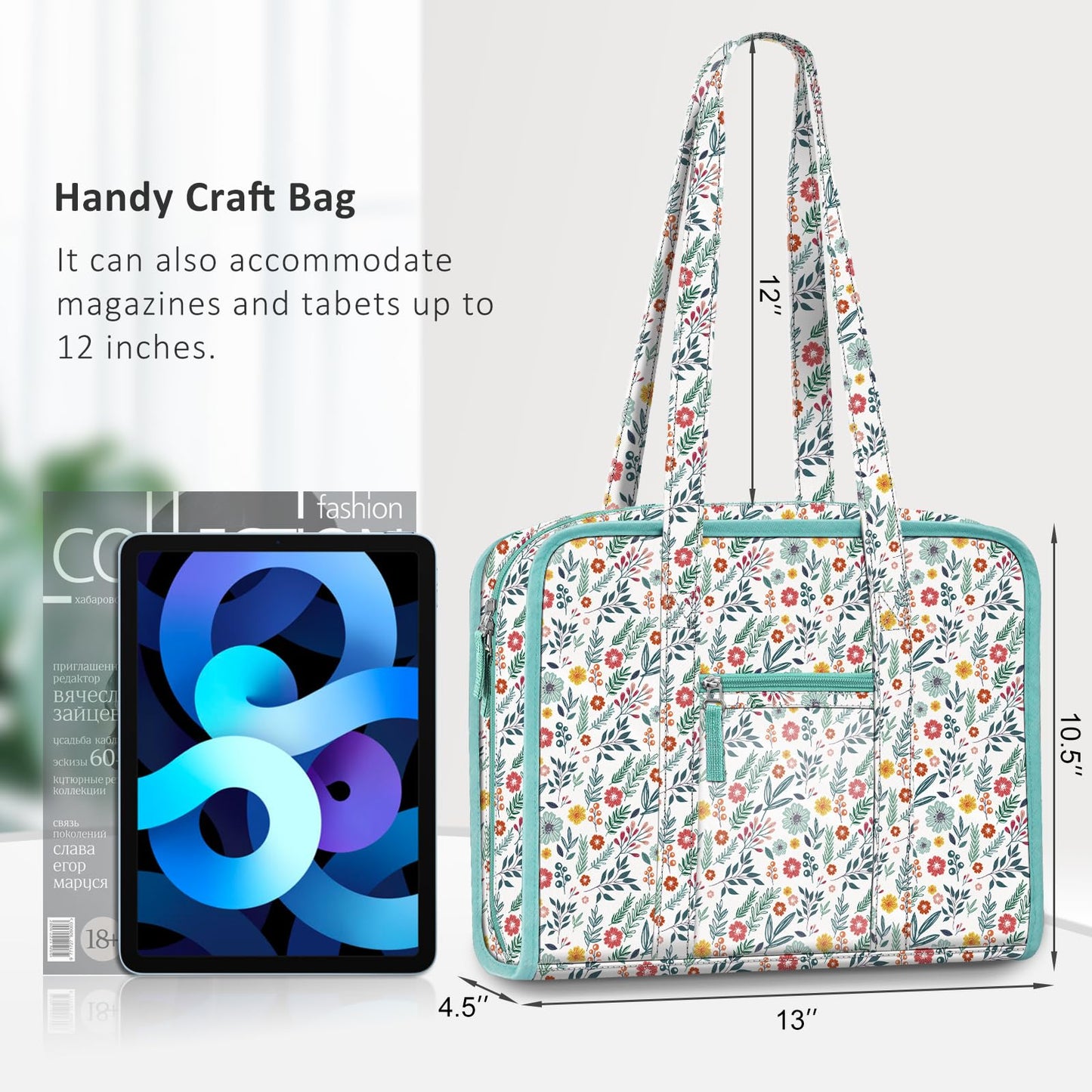 FINPAC Sewing and Craft Supplies Storage Tote, Large Capacity Travel Packing Organizer Bag with Clear Pockets and Handle for Knitting, Crochet, Art, Sewing Accessories (Spring Bloom)