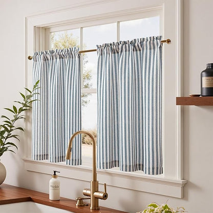 jinchan Striped Linen Kitchen Curtains 36 Inches Length Tier Curtains Farmhouse Modern Cafe Style Small Window Treatments Airy Light Filtering Rod Pocket for Living Room Bathroom 2 Panels Blue