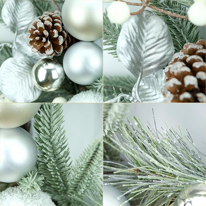 YULETIME 20-inch Christmas Wreath, Battery Operated Holiday Wreath with 20 Fairy Lights, Silvery Baubles, White Berries, Pine Cones, Silvery Leaves, Frosted Spruce Branches & Pine Needles (Silver)