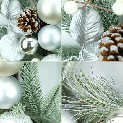 YULETIME 20-inch Christmas Wreath, Battery Operated Holiday Wreath with 20 Fairy Lights, Silvery Baubles, White Berries, Pine Cones, Silvery Leaves, Frosted Spruce Branches & Pine Needles (Silver)