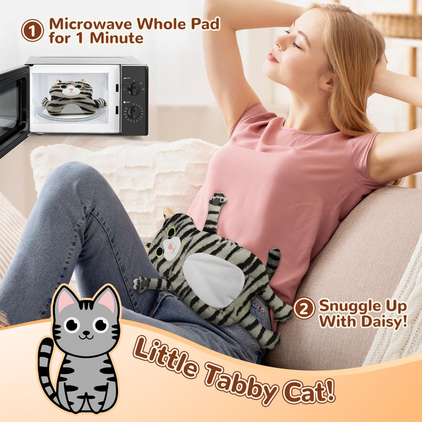 Large Microwave Heating Pad with Washable Cover 21 * 12" Microwavable Heating Pads for Cramps, Back, Neck Shoulder Pain Relief, Cordless Weighted Moist Heat Pack, Black Cat