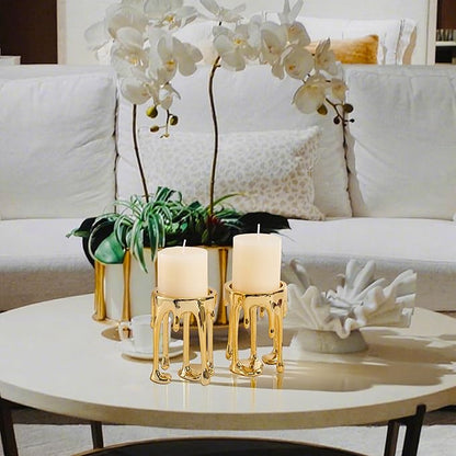 Decorative Candle Holders Set of 2 – Melting Drip Candle Stand for Pillar Candles – Sculptural Fireplace Decor, Gothic Table Centerpiece, Unique Home Accent(Gold, Set of 2)