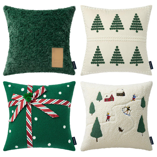Phantoscope Pack of 4 Merry Christmas Throw Pillow Covers, Soft Faux Fur Sherpa Christmas Pillow Covers, Velvet Santa Tree Decorative Pillow Case Cushion Cover, Green and White, 18 x 18 inch