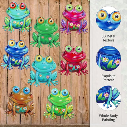 Junware Metal Frog Wall Decor, 8 Pcs Frogs Wall Art Sculptures Hanging Sculpture Decoration, Outdoor Fence Arts for Home Garden, Fence, Patio, Yard, Bedroom Outside Gifts for Adults