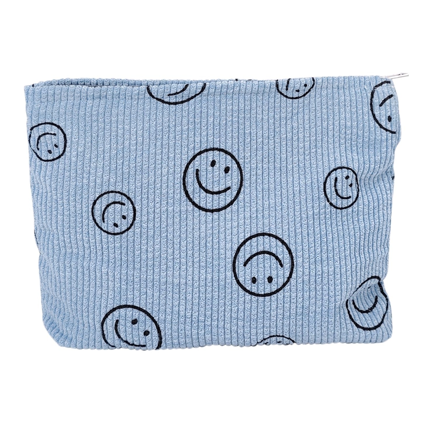HFZRZFH Smiley Face Makeup Bag - Cute Blue Corduroy Small Toiletry Bags for Women, Soft Mini Skincare Organizer, Small Zipper Pouch For Travel Use