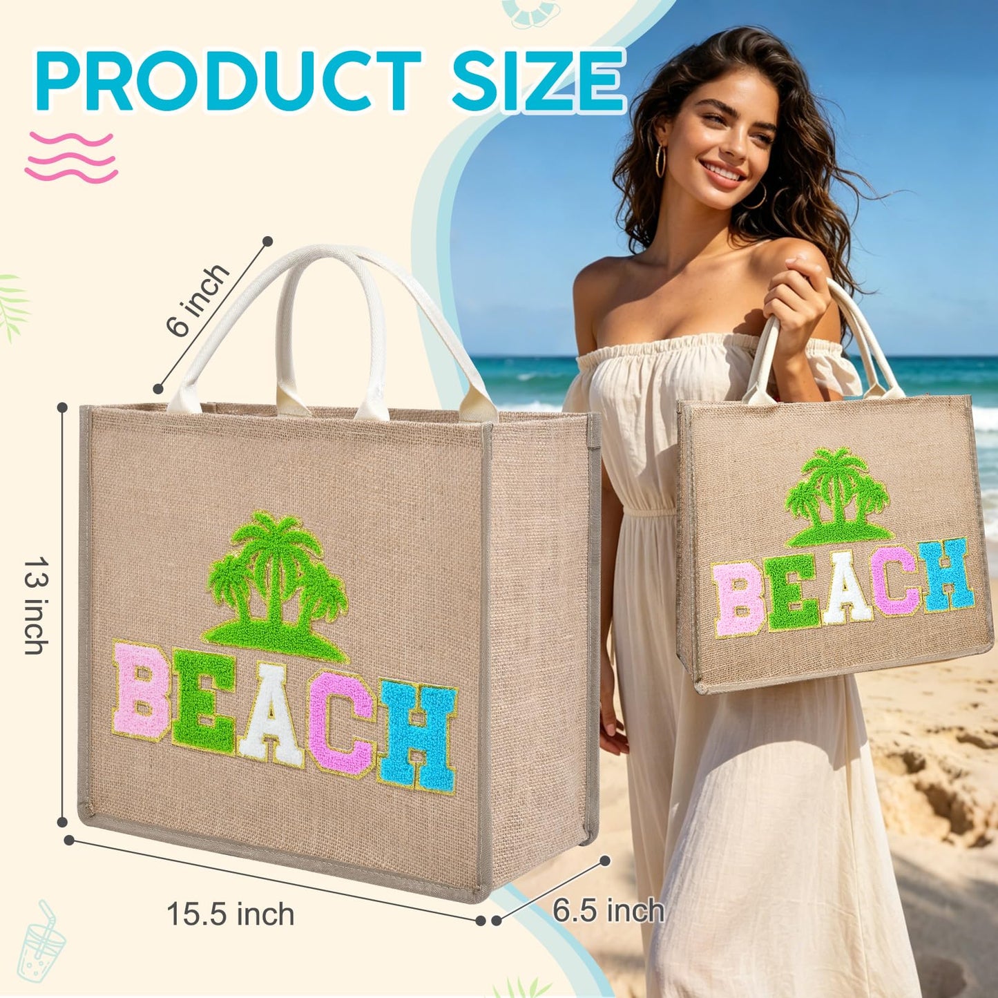 KUIRAN Beach Bag for Women, Large Woven Straw Beach Bag with Chenille Letter Patches and Water-resistant Lining, 22L Tote Handbag for Pool, Travel, Shopping, Summer Vacation, Bachelorette Gift - Green