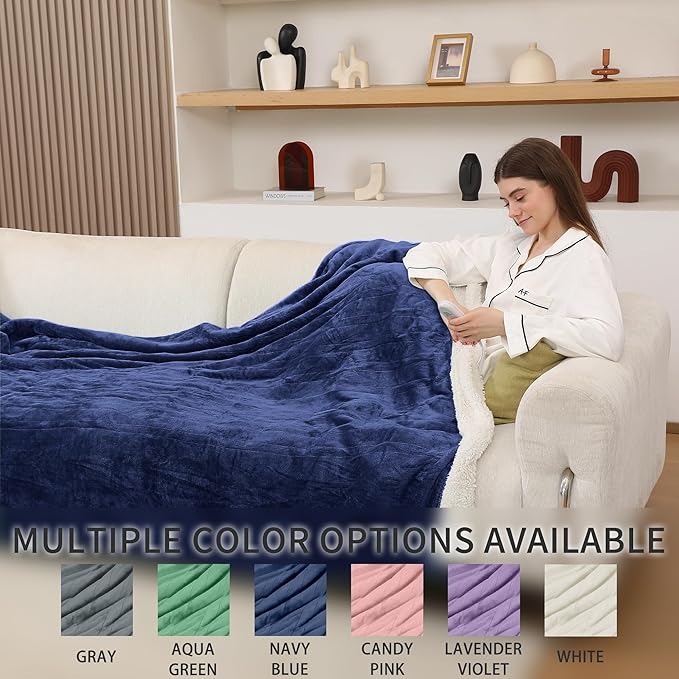 Heated Blanket Full Size, Soft Cozy Flannel Sherpa Electric Blanket with Fast Heating & Overheat Protection, Machine Washable Heating Blanket with Timer for Bed Camping Office, 72" x 84", Navy Blue