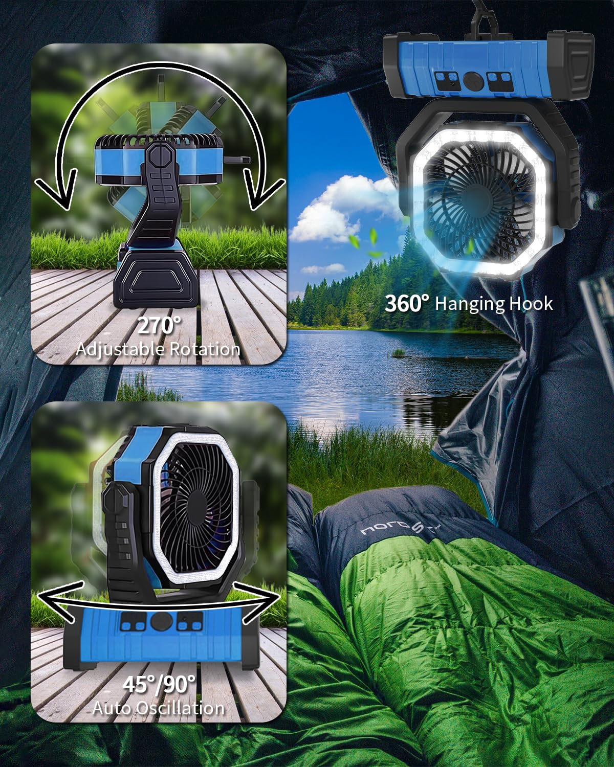 ADUST Camping Fan Battery Operated Powered Fan with LED Lantern Light 20000mAh Rechargeable Portable Oscillating, 360° Rotation Hanging Hook for Tents, Cordless USB Desk Fan(Blue)