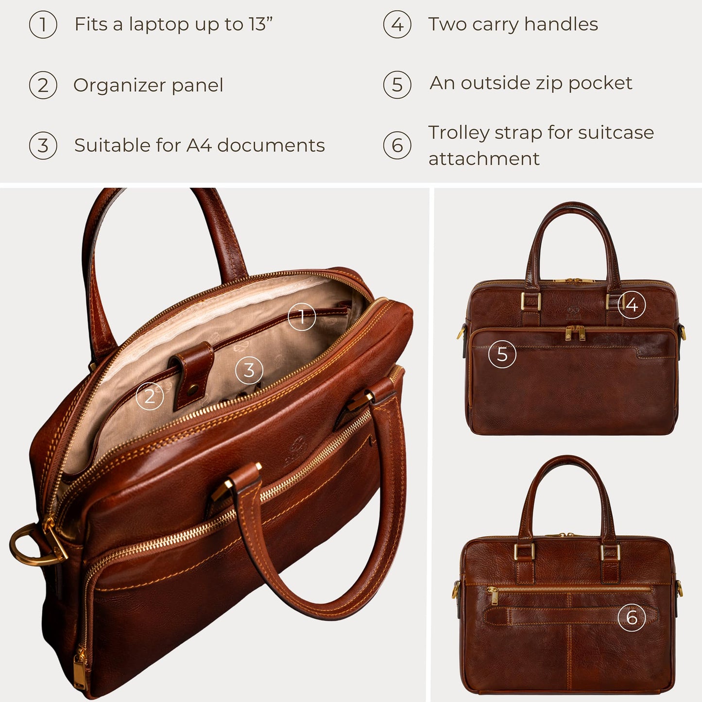 Time Resistance Leather Briefcase - Italian Handmade Leather Laptop Bag - Work Bag for Men and Women - Computer Briefcase