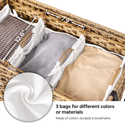 SONGMICS Laundry Hamper with Lid, 140L Synthetic Rattan Laundry Basket with Wheels, Clothes Hamper with 3 Removable Liner Bags, 3-Section Hampers with Handles, Laundry Room, Natural ULCB083N01