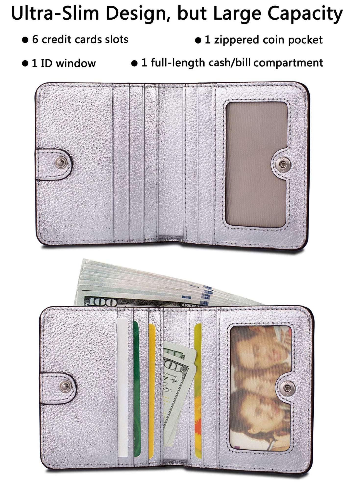 AINIMOER Small Leather Wallet for Women, Ladies Credit Card Holder RFID Blocking Women's Mini Bifold Pocket Purse, Silver