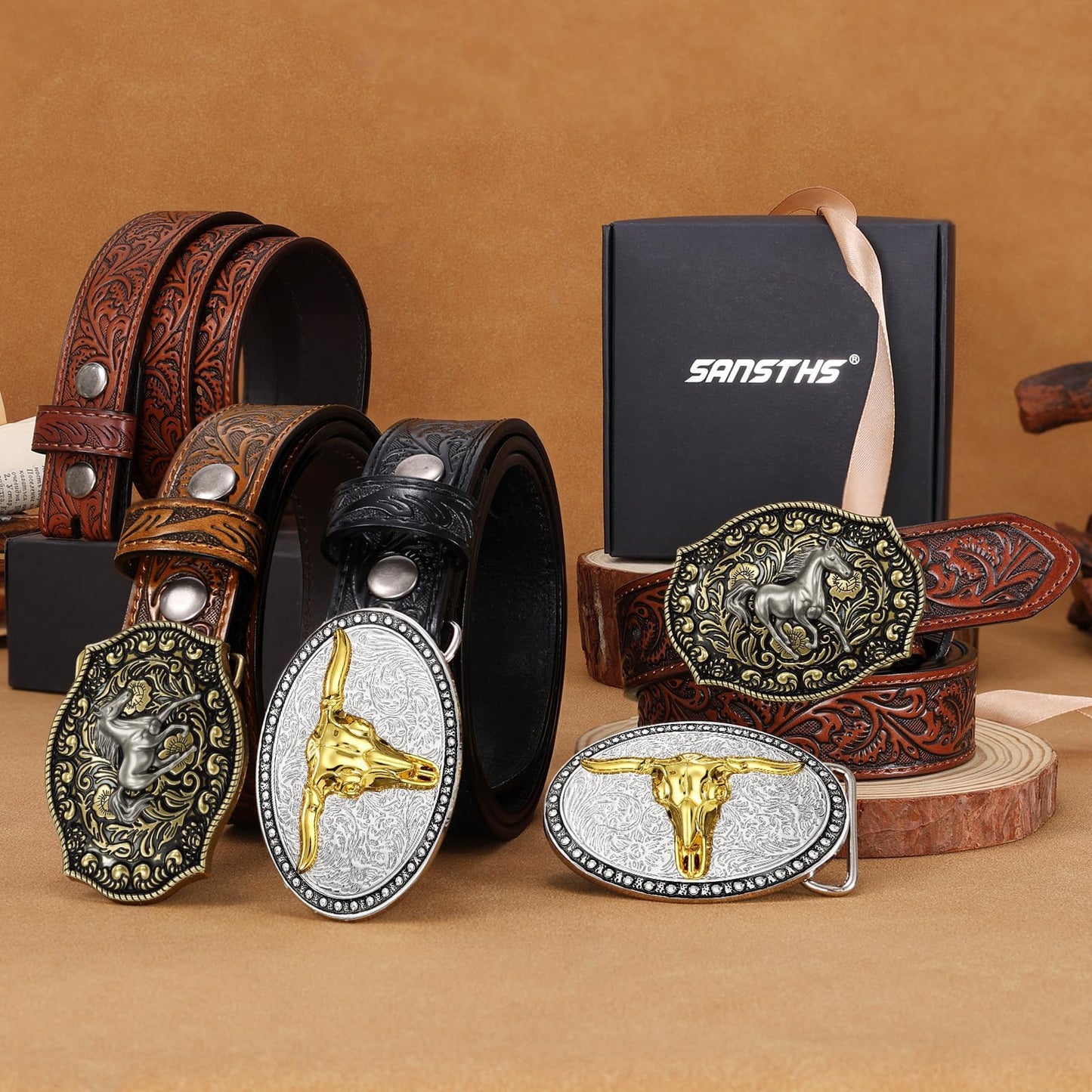 SANSTHS Kids Western Belt for Boys Girls Genuine Leather Cowboy Cowgirl Belts with Detachable Buckle for Jeans Western Gifts, Golden Bull Buckle/Black Belt