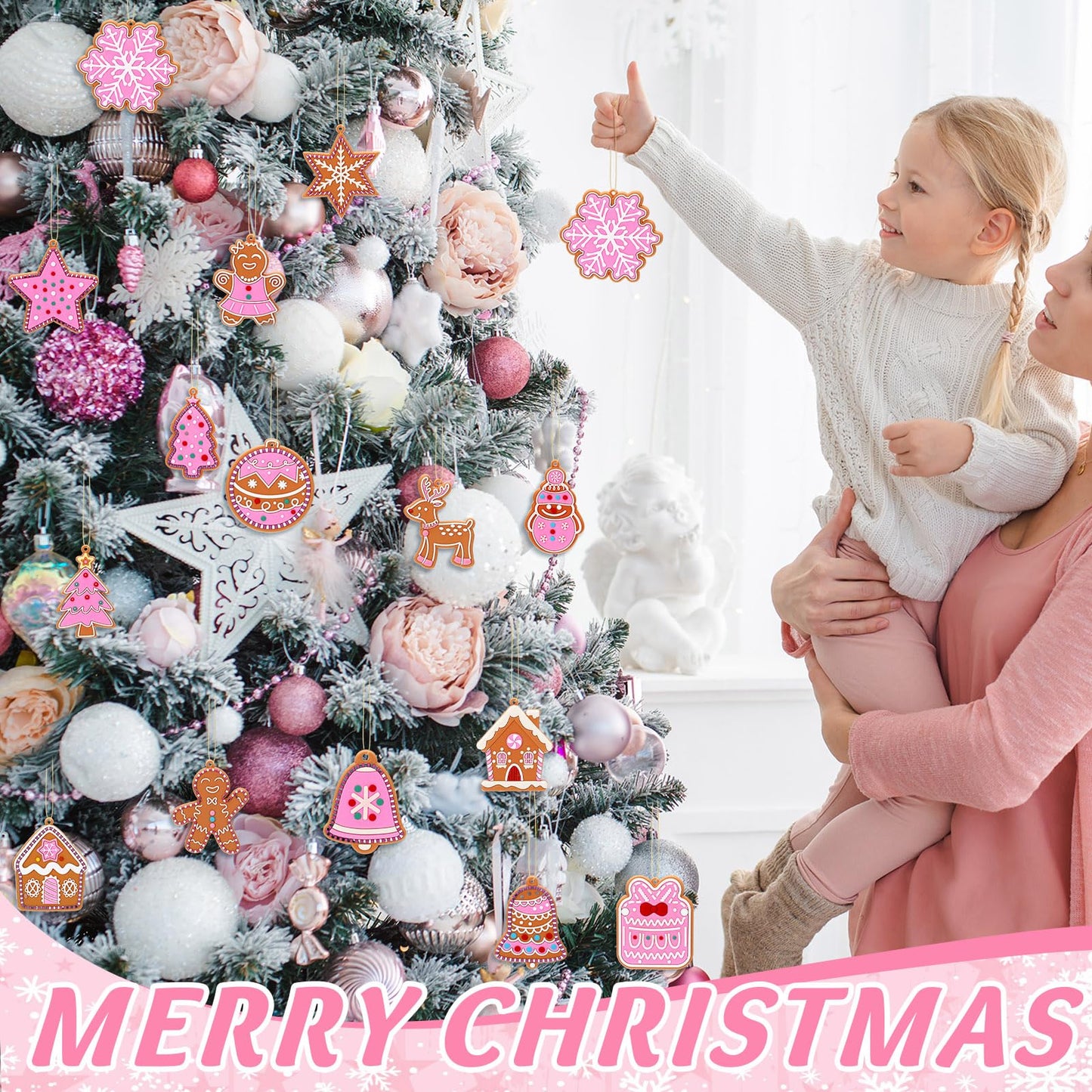 Vertintong 30 Pcs Pink Christmas Gingerbread Hanging Ornaments Pastel Gingerbread Ornaments Soft PVC Christmas Tree Wall Hanging Decoration for Xmas Party Office Home Decor Winter