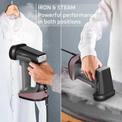 Rowenta Iron Steamer for Clothes, 3in1 Hand Held Steamers, Clothing Steamer, Ironing, Lint Remover, 7.1 Oz Tank, 1875 Watts, Auto-Off, Black & Pink, DR8865