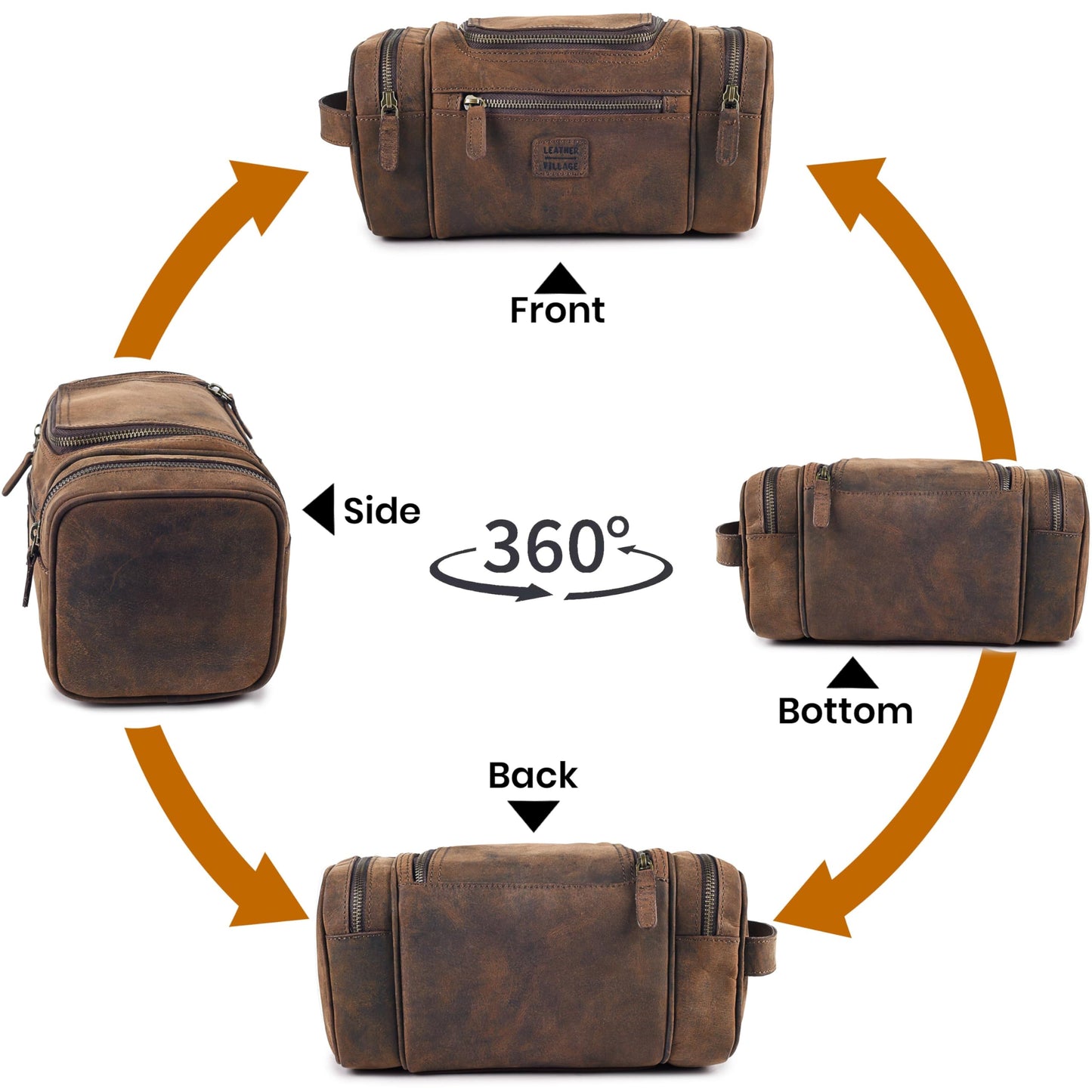 LEATHER VILLAGE Genuine Leather Travel Dopp Kit for Men & Women – Large Capacity Hanging Toiletry Bag with Water-Resistant Lining – Ideal for Travel, Grooming & Gym - Brown