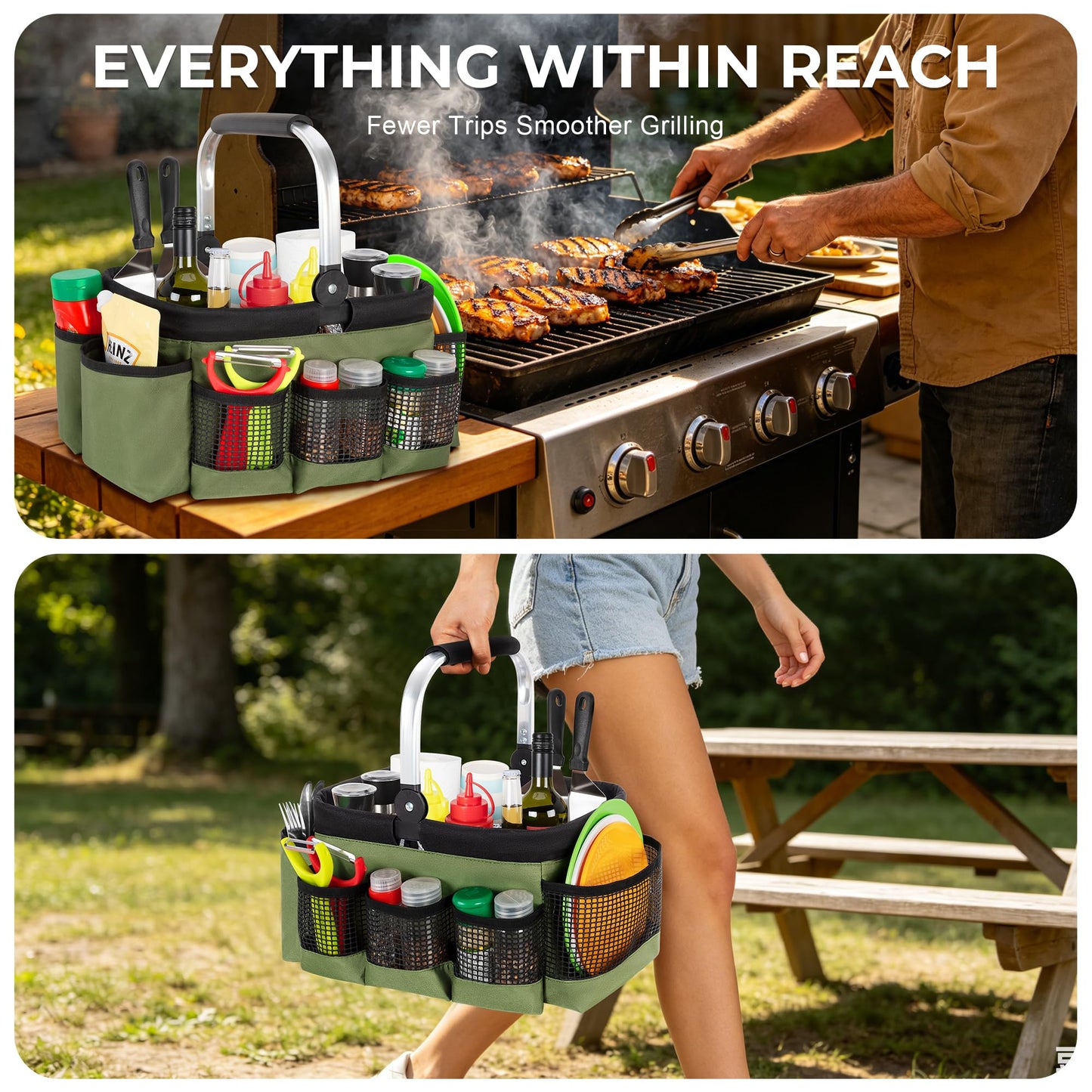 PGmoon Grill and Picnic Caddy, Foldable BBQ Tool Caddy with Rotated Handle, Multi-Pocket Grill Utensil Storage Bag for Outdoor Camping Picnic Patio Barbecue Accessories, Green