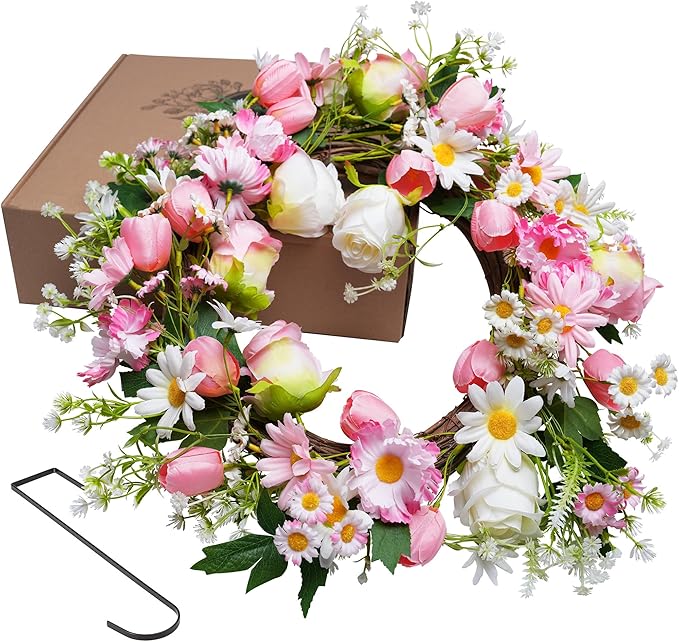 Spring Summer Wreath for Front Door 20”, Artificial Flower Door Wreath with Pink White Roses Tulip Dasiy Wreaths with Hook for Windows Wall Deco Indoor Outdoor