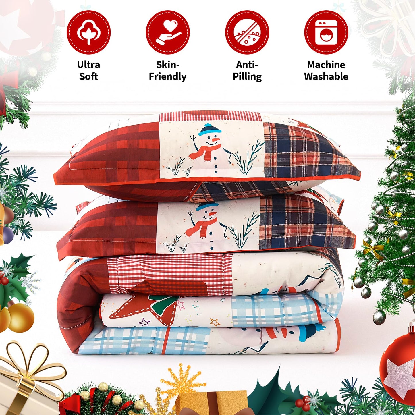 YIYEA Christmas Full Size Comforter Sets for Girls Boys, Cute Kids Comforter with 2 Pillowcase, Ultra Soft Brushed Microfiber Christmas Bedding Comforter Sets, Suit for All Season, Machine Washable