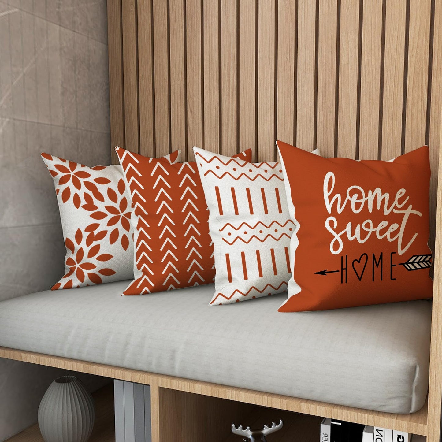 YCOLL Burnt Orange Linen Pillow Covers 18x18 Set of 4, Home Sweet Home Farmhouse Throw Pillow Covers, Holiday Decorative Cushion Covers for Sofa Couch Bed, Autumn Burnt Orangeic Fall Decor