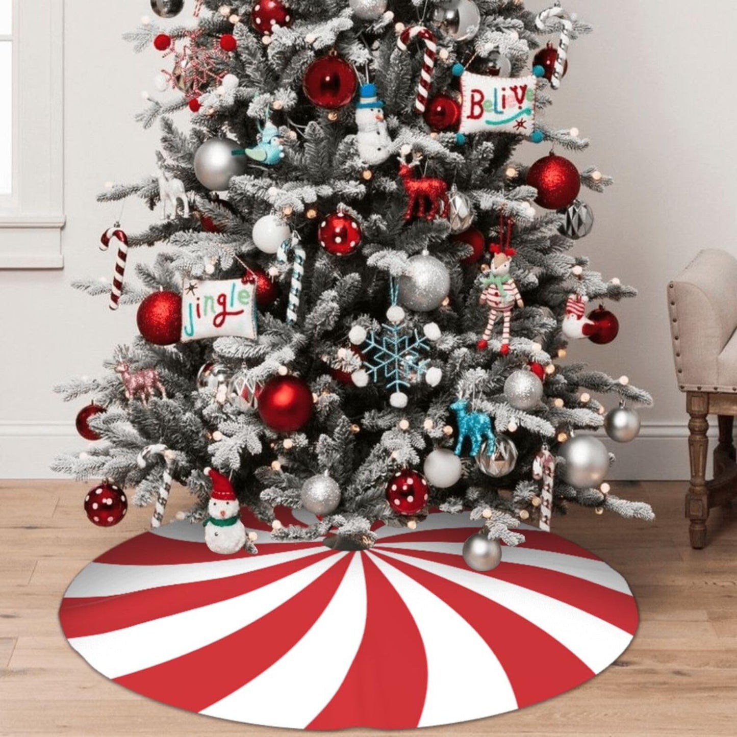 Swirl Christmas Tree Skirt 36 Inch Sweet Candy Cane Red and White Mat Funny Party Holiday Festive Decor Supplies for Home Occasion Ornament Decorations