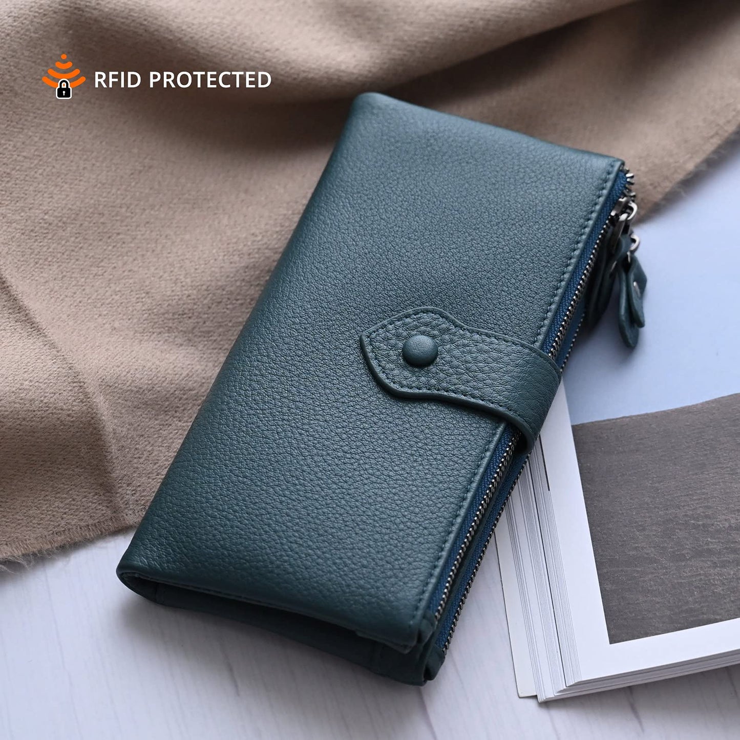 Bveyzi Women Soft Leather RFID Blocking Bifold Slim Wallets Ladies Credit Card Holder Double Zipper Pocket(Blue)