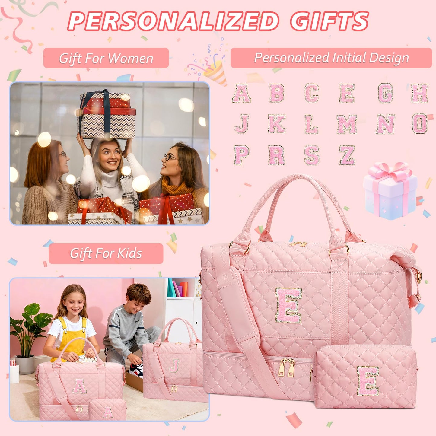 CLOUDWINGS Gifts for Women Girls Initial Travel Duffle Bag Quilted Weekender Carry-On Overnight with Cosmetic Bag, Gym Bag with Shoe Compartment Hospital Bag for Labor Delivery, Pink E