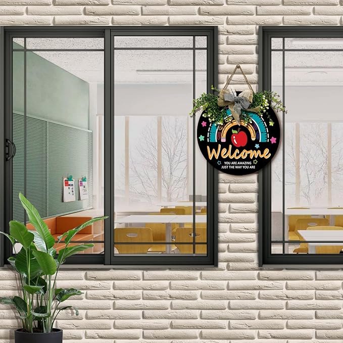 Classroom Teacher Door Sign Wooden Welcome Classroom Door Sign Teacher Wreath for Classroom Door Rainbow Hanging Plaque Inspirational You are Amazing Quote Kids Classroom Decor 12 inch