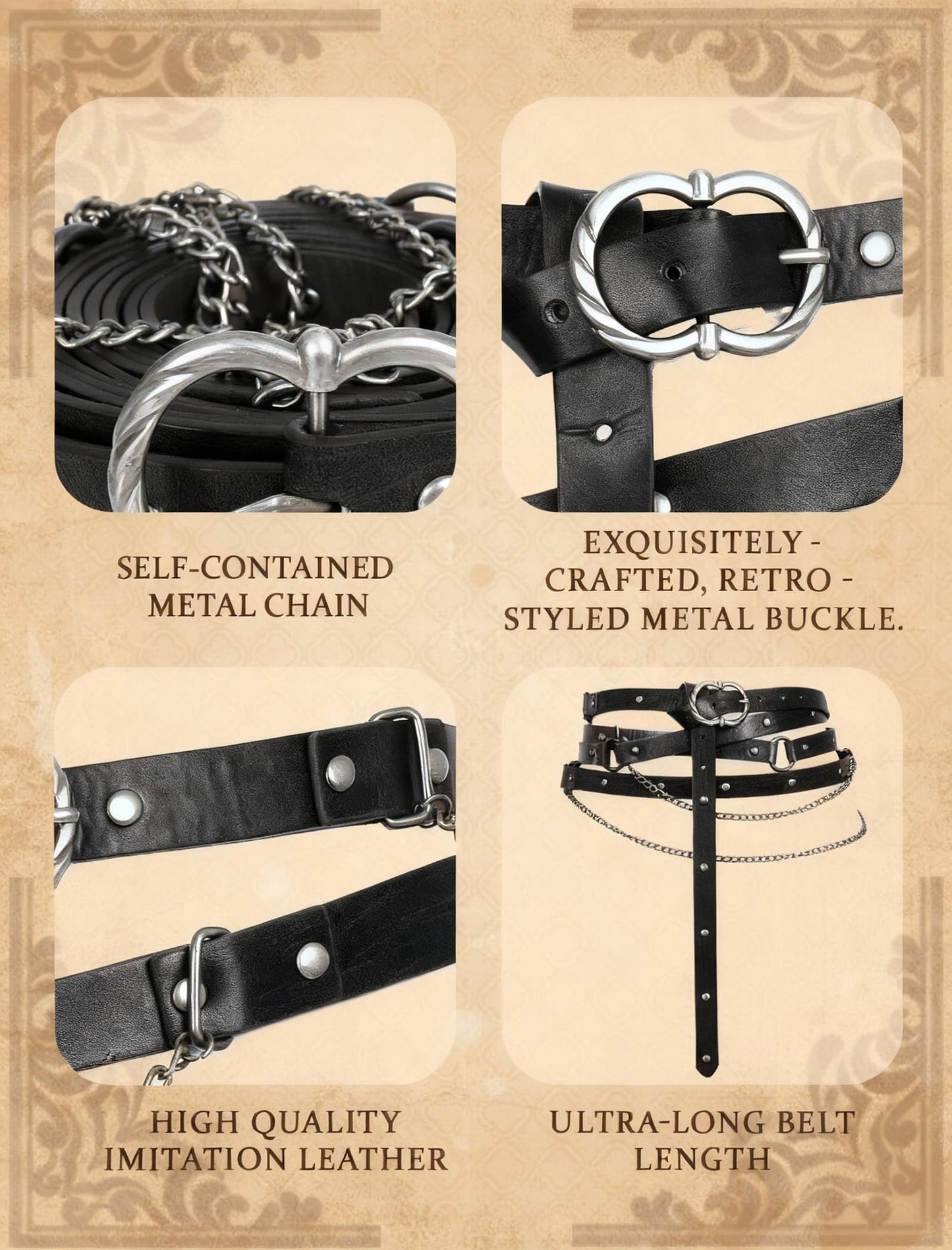 Minhuida Medieval Belt with Renaissance Bag & Detachable Chains, Vintage Faux Leather Waist Pouch Dresses Belt Halloween Cosplay Costume Accessorie (Black)