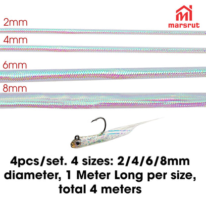 4pcs Mylar Tubing Fly Tying, 2/4/6/8mm Pearlescent Braid Tube Set for Fishing, Holographic Hollow Round Cord, Fish Pattern, Polyester Materials, 1 Meter Long Per Size