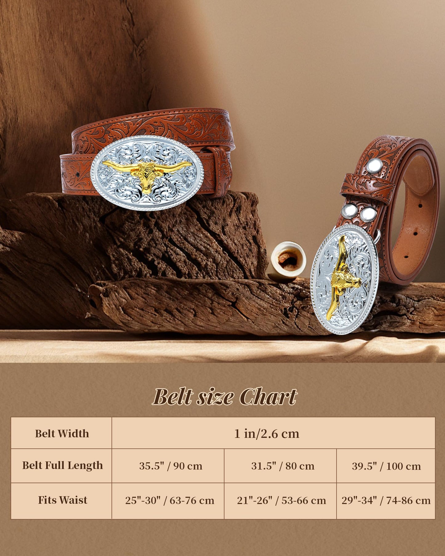 Kajeer Kids Western Belt for Boys Girls, Cowboy Genuine Leather Embossed Western Longhorn Bull Buckle Belts for Jeans (Cow Buckle- brown, for Wasit 21"-26")