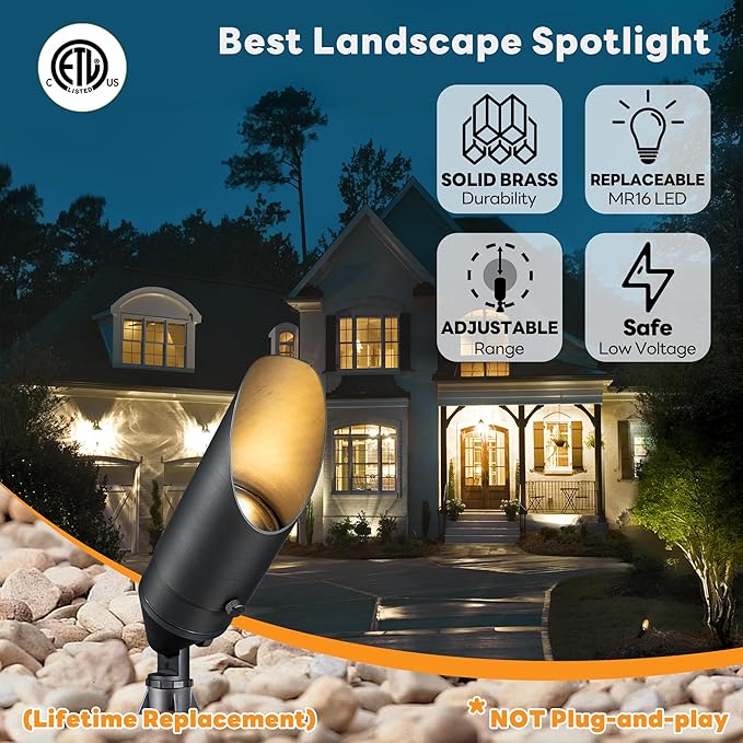 Gardenreet 12V Spot Lights Solid Brass - Outdoor Low Voltage Landscape Spotlight, Wired LED Uplights Waterproof, Stretchable Shroud Electric Bronze for Patio Wall Without MR16 Bulb (6 Pack)