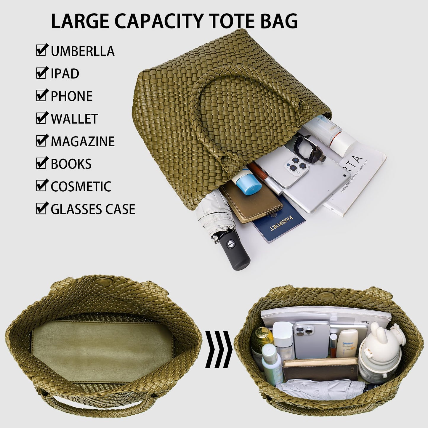 JOTOFIT Woven Tote Bag for Women, Fashion Top Handle Shoulder Bag Soft Vegan Leather Large Work Shopper Summer Beach Travel Handbag Tote Bag with Purse