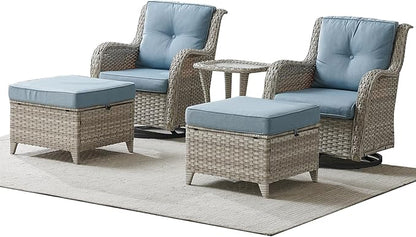 Patio Furniture Swivel Chairs Set - 5 Piece Rattan Wicker Outdoor Sectional Conversation Sets with 2 Swivel Rocking Chairs,2 Ottomans and 1 Side Table for Porch Deck Garden(Light Grey/Sky Blue)