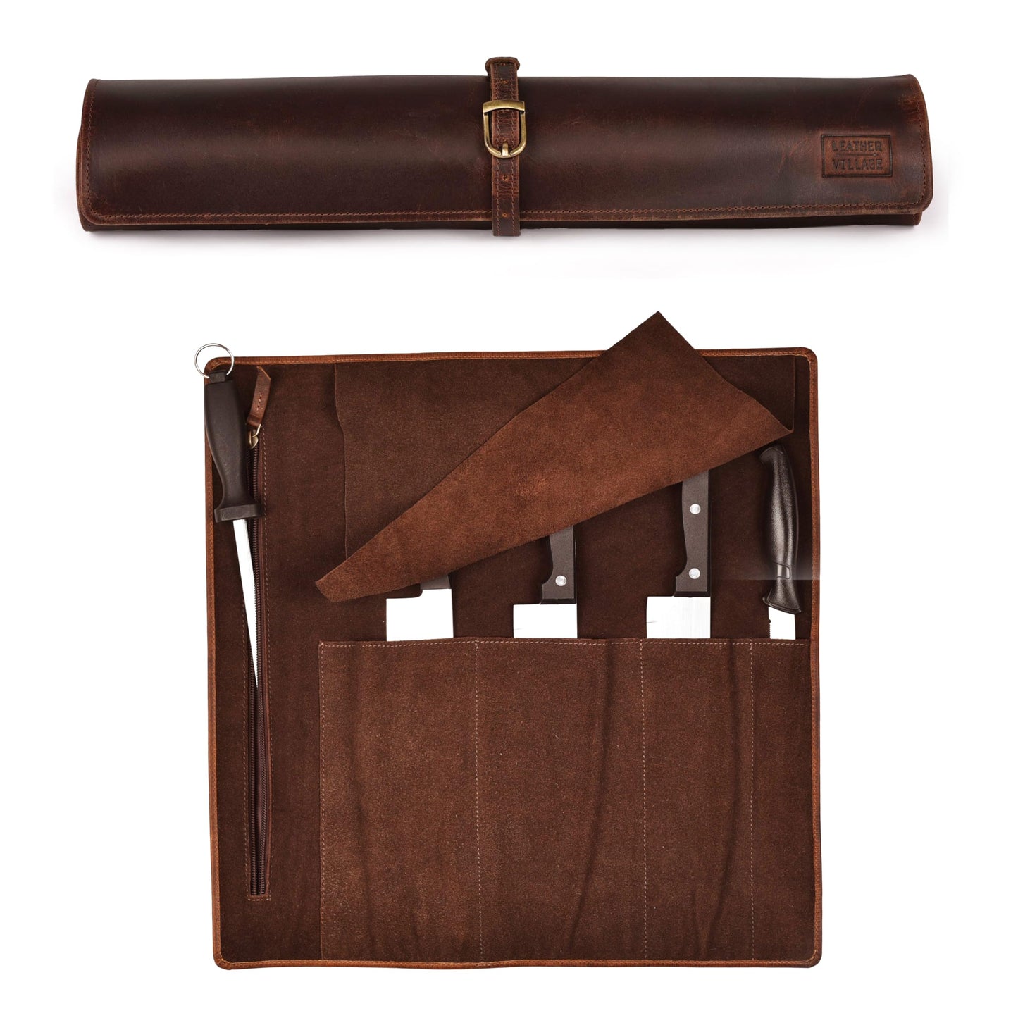 LEATHER VILLAGE Genuine Leather Knife Roll Bag – Professional Chef Carrying Case, Durable Sheath Holder, Cooks & Culinary Tools Organizer, Portable Travel Storage with 4 Slots & Zipper - Cherry