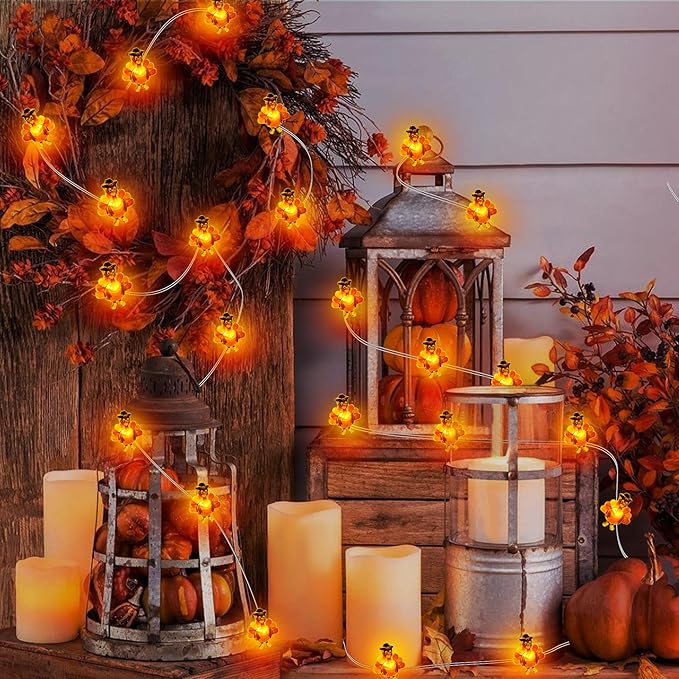 2 Pack Thanksgiving Decorations Turkey String Lights, Total 60LED/20Ft Thanksgiving Lights Battery Operated Turkey Lights Copper Wire Fairy Lights for Party Home Indoor Decor