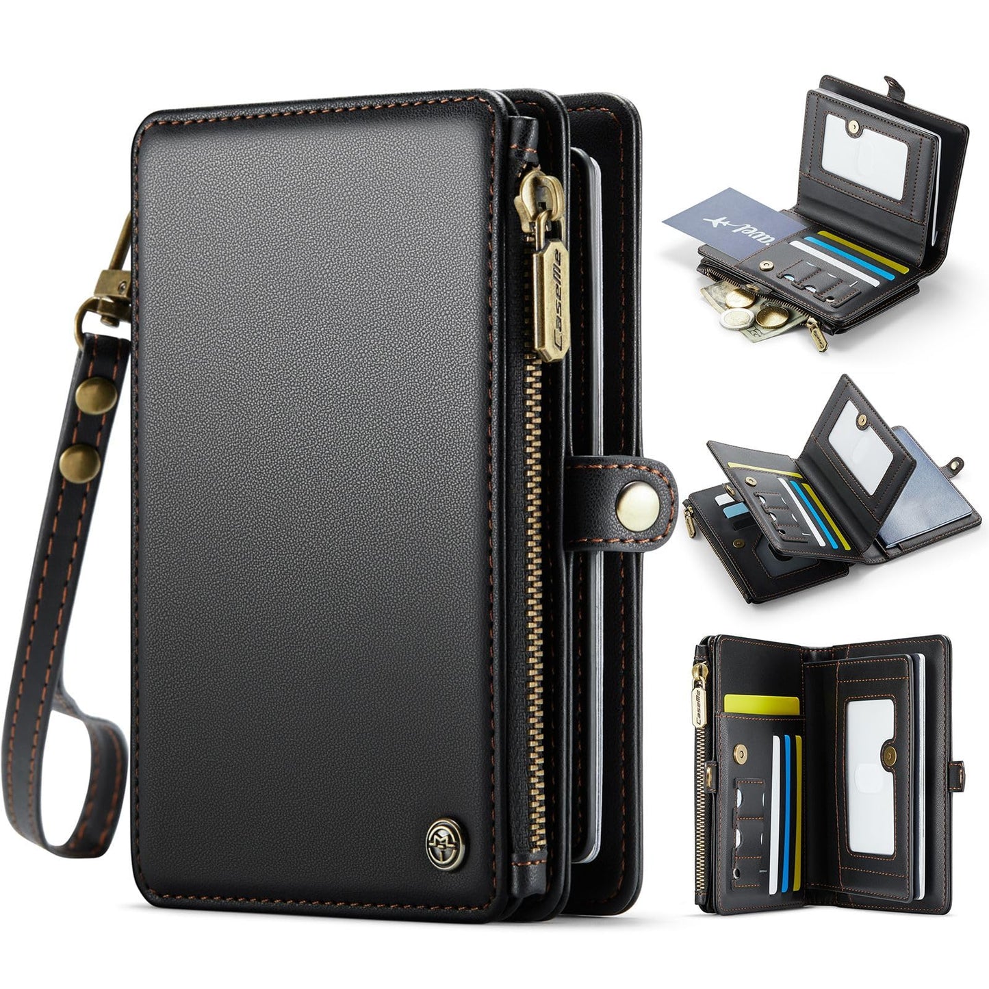 XIMAND Passport Holder Wallet Bag with AirTag Holder, 11 Card Slots and Passport Solt Cash Solt Photo Solt Zipper Pocket, RFID Blocking Wristlet Strap.Black