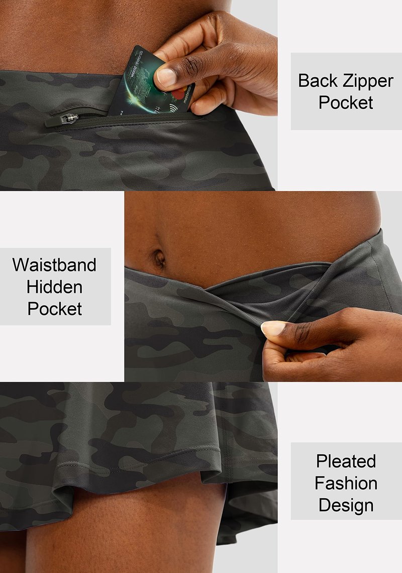 SANTINY Pleated Tennis Skirt for Women with 4 Pockets Women's High Waisted Athletic Golf Skorts Skirts for Running Casual (Green Camo_XXS)