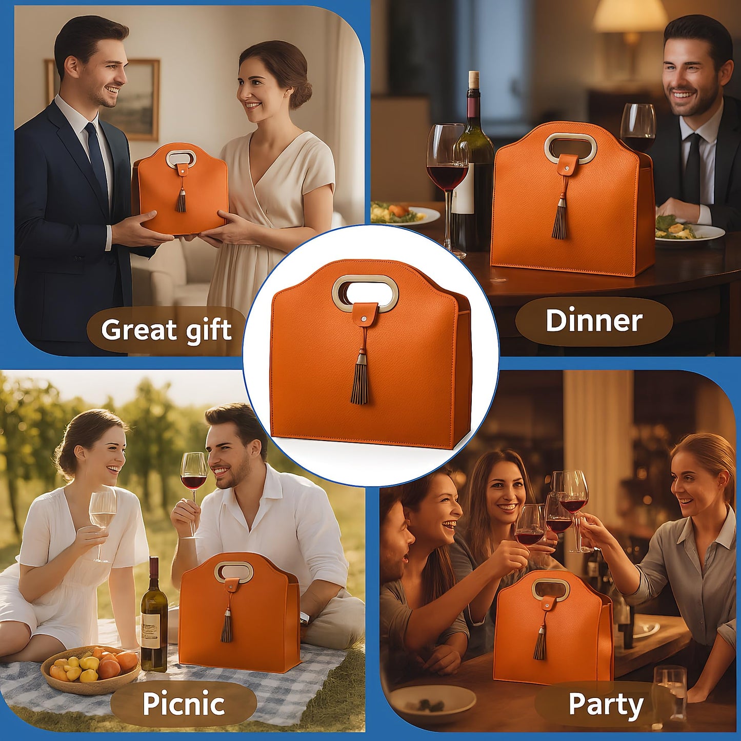 HiCrast Orange Leather Wine Tote Bag – 13x11x4 inch Portable Wine Carrier with Built-In Divider for 1-2 Bottles, Elegant Wine Travel Bag and Double Wine Gift Bag for Weddings, Parties & Picnics