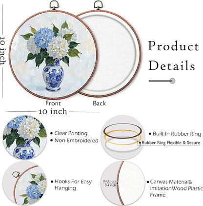 Threegoat Chinoiserie Spring Floral Framed Round Wall Art,Blue and White Hydrangea Flowers Wall Art Decor for Bedroom,Vintage Wall Hanging Decor for Grand Millenial Grandmillennial Home - A05