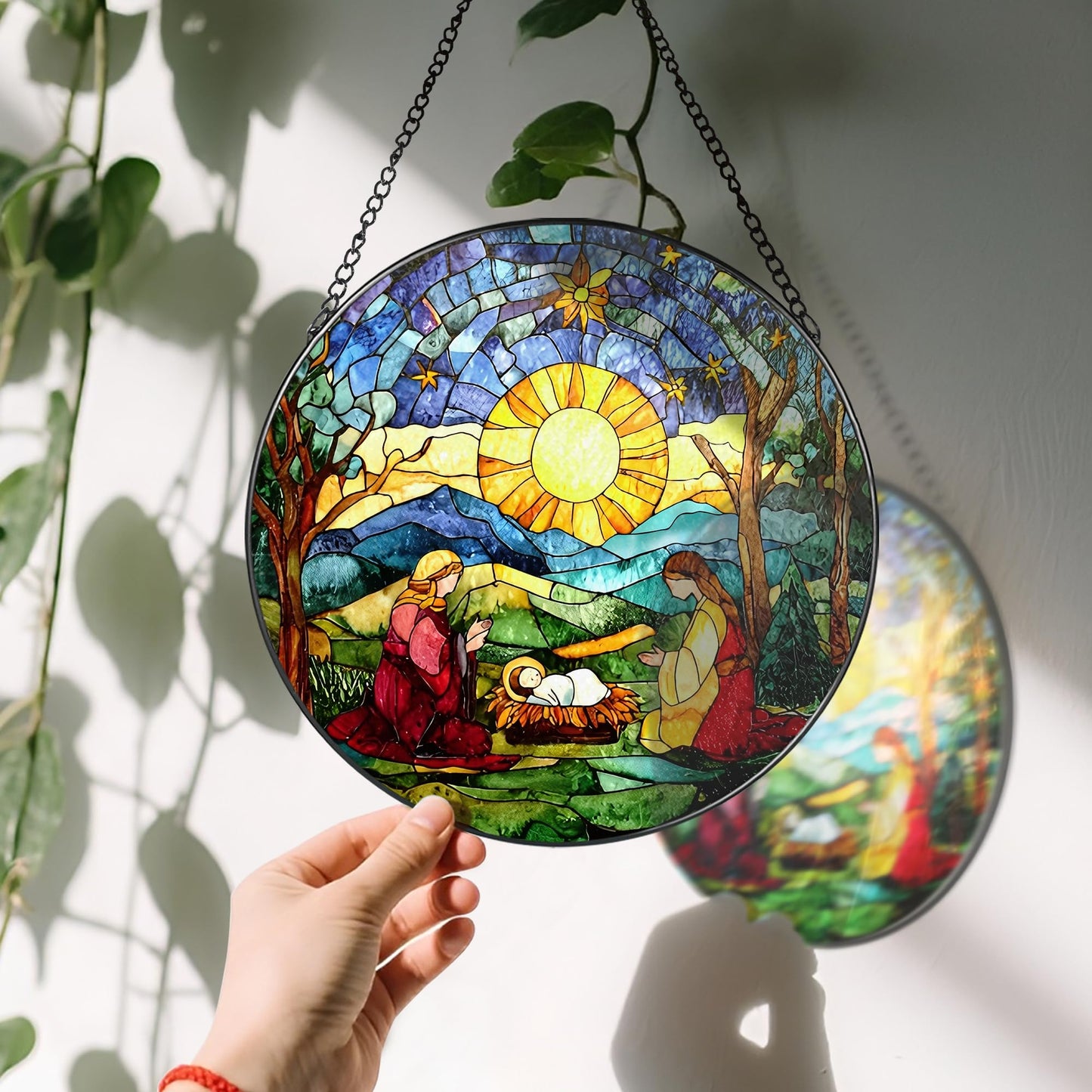 LAOWEIKI 8'' Stained Glass Suncatcher Decor, Window Hanging, Nativity Scene Ornament, Religious Christmas Ornaments, Christian Holiday Decor, Gifts for Christmas, Christian Gift, Religious Gift