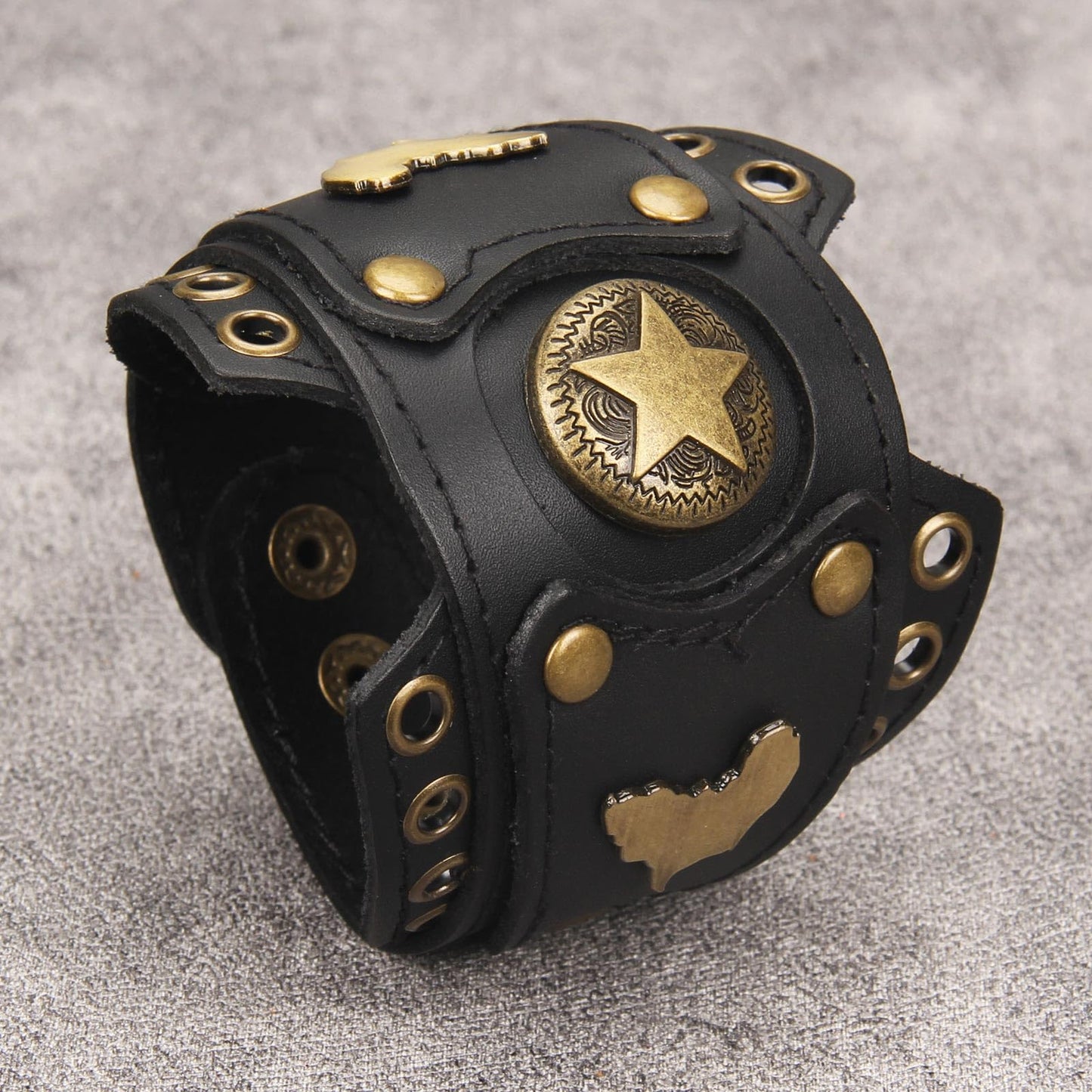 GelConnie Womens Black Leather Cuff Bracelet Wide Leather Biker Cuff Bracelet for Men Star Studded Punk Rock Wristband Gothic Bracelets
